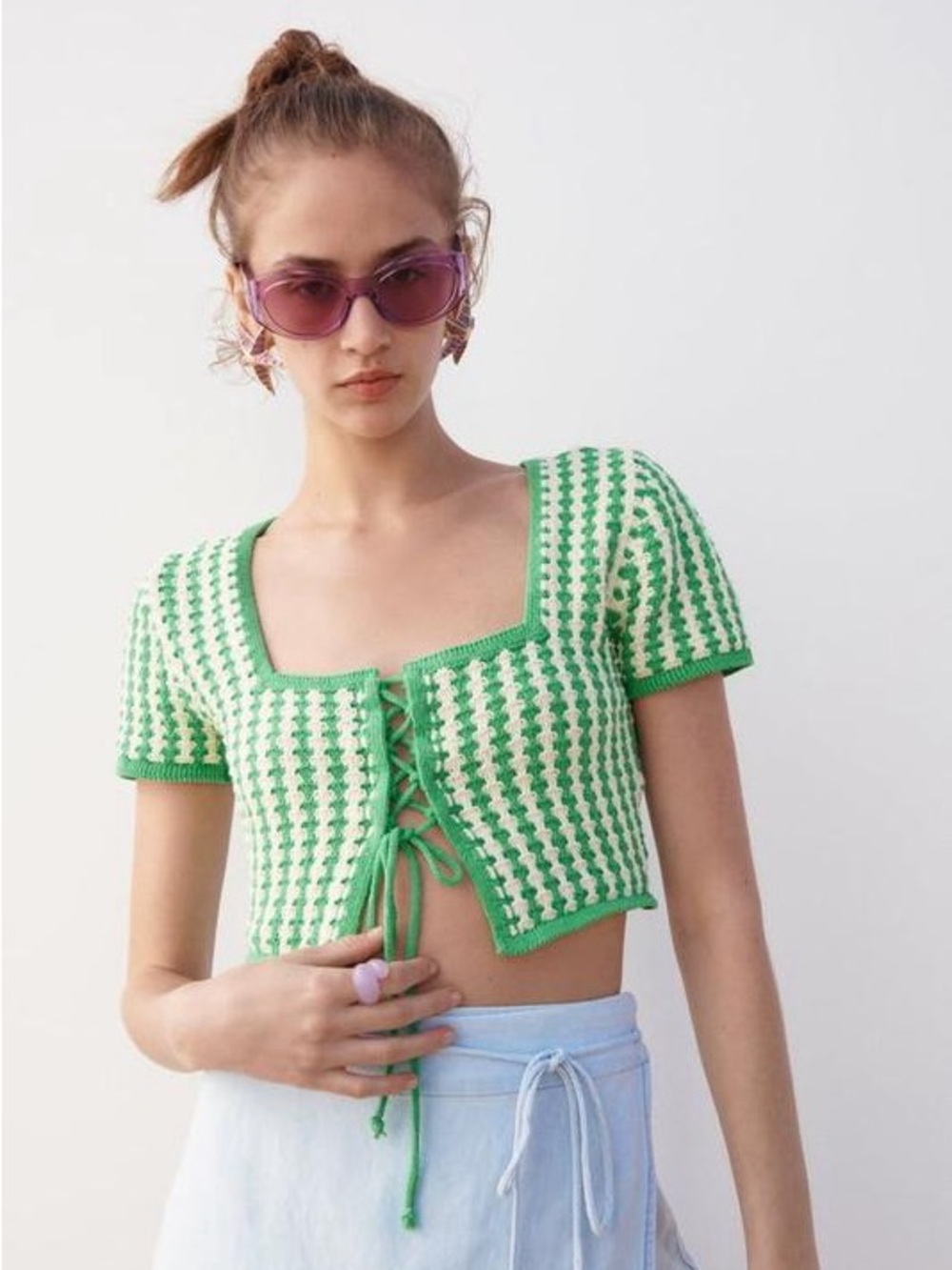 Zara Green and White Crochet Tie-Front Crop Top